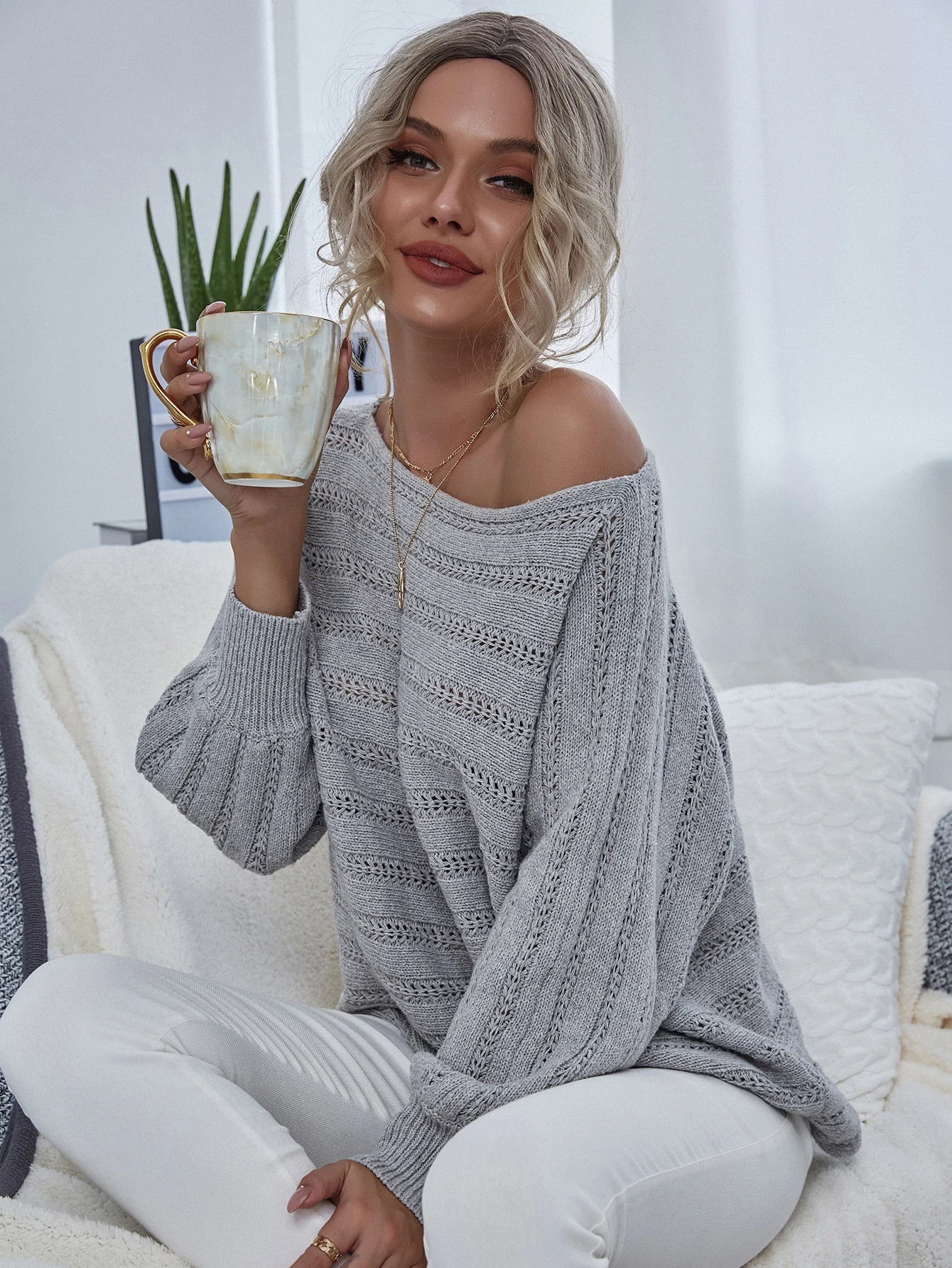 Batwing Sleeve Pointelle Knit Sweater | SHEIN