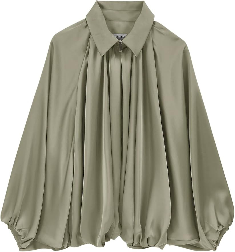 Womens Satin Puffed Bomber Jacket Oversized Batwing Sleeve Lapel Collar Pleated Zip Up Outerwear ... | Amazon (US)