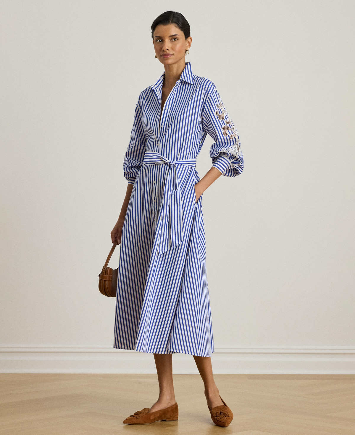 Lauren Ralph Lauren Women's Striped Eyelet Broadcloth Belted Shirtdress - Blue/White Multi | Macy's