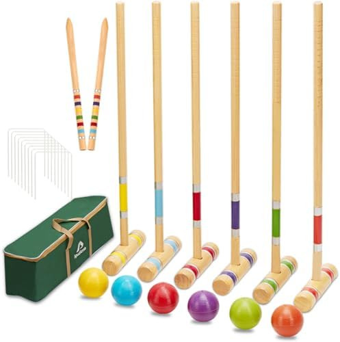 ApudArmis Six Player Croquet Set with Premiun Rubber Wooden Mallets 28In,Colored Ball,Wickets,Sta... | Amazon (US)