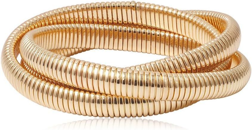 Pingyongchang Gold Silver Chunky Bangle Stretch Bracelets For Women Men 14K Gold Filled Stainless... | Amazon (US)