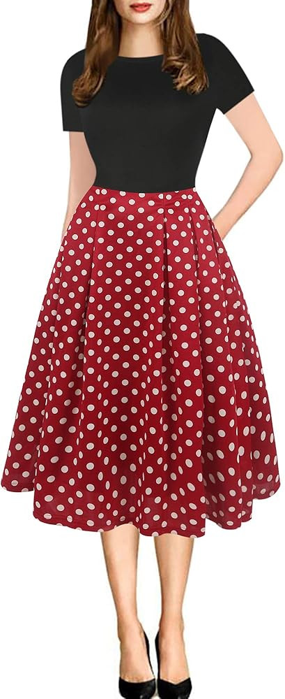 oxiuly Women's Vintage Patchwork Pockets Puffy Swing Casual Party Dress OX165 | Amazon (US)