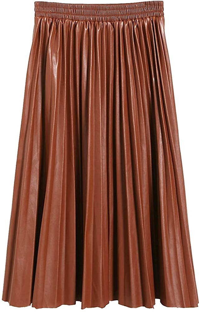 SUNFURA Women's Winter Faux Leather Elastic Waist Swing Flare Pleated Skirt | Amazon (US)