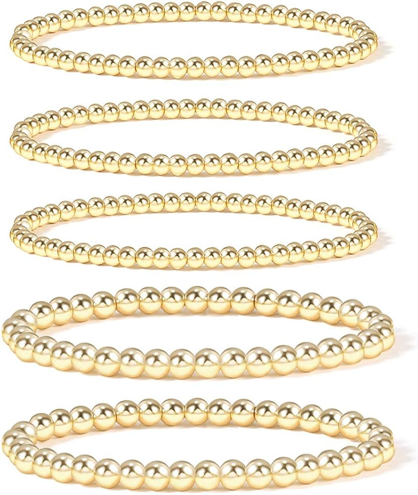 Gold Bracelets for Women  Stretch Bracelet Stack 14K Gold Plated Stackable Bead Ball Bracelet Set... | Amazon (US)