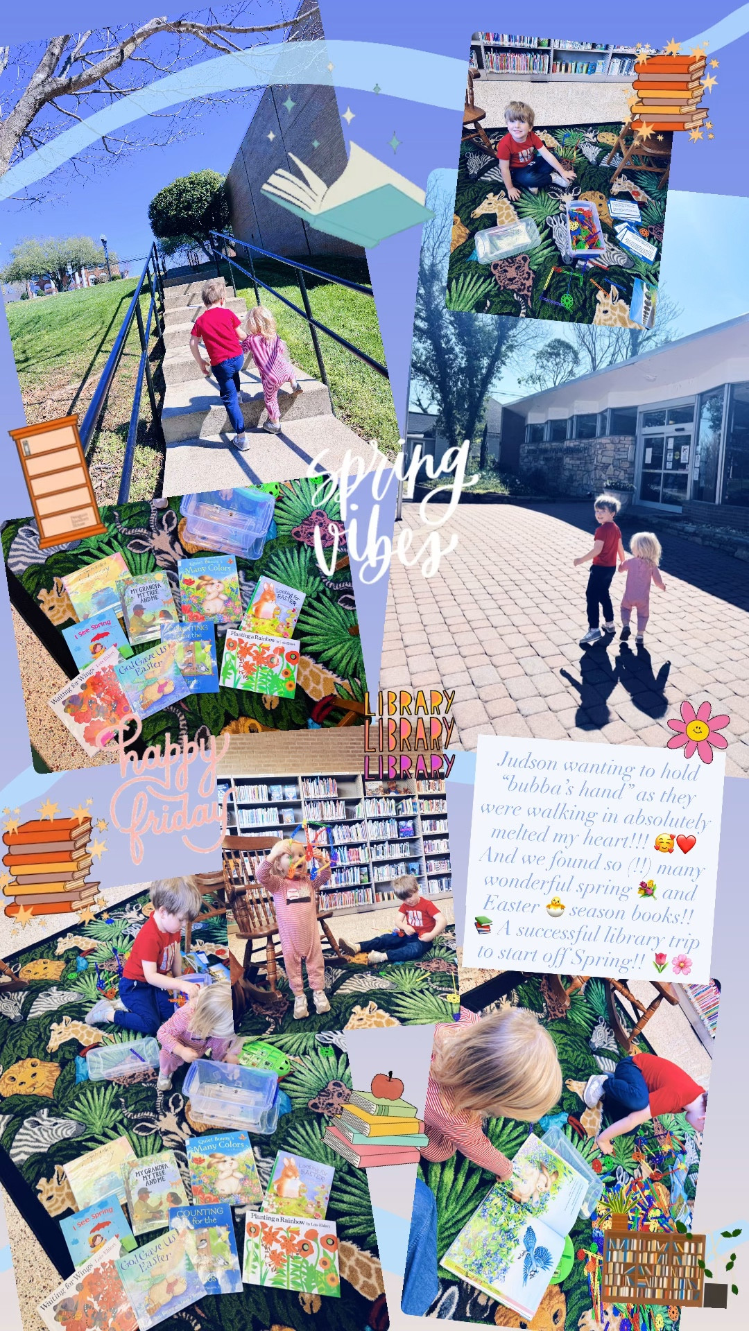 Judson wanting to hold “bubba’s hand” as they were walking in absolutely melted my heart!!! 🥰❤️ And we found so (!!) many wonderful spring 💐 and Easter 🐣 season books!! 📚 A successful library trip to start off Spring!! 🌷🌸