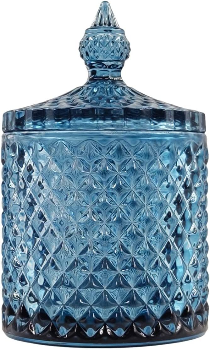 Sizikato Diamond Faceted Crystal Glass Candy Jar with Lid, Blue Decorative Jar, Jewelry Box, Cott... | Amazon (US)