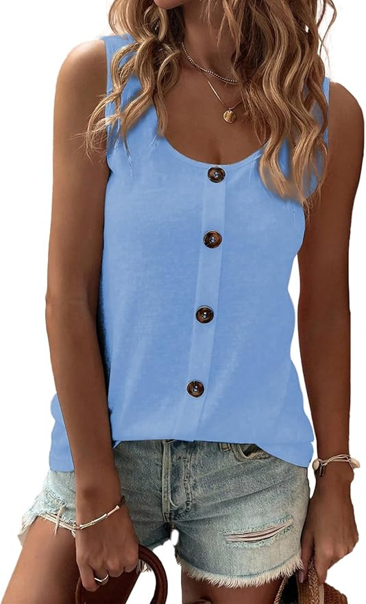 SHEWIN Womens Tank Tops Solid Button Crewneck Sleeveless Summer Tops Loose Fit | Amazon (US)