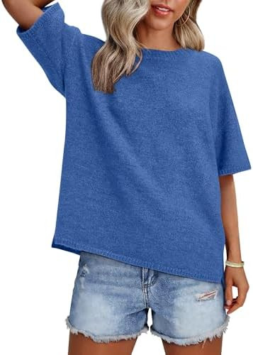 ANRABESS Womens Short Sleeve Sweater Oversized Lightweight Business Casual Tops Crewneck Soft Kni... | Amazon (US)