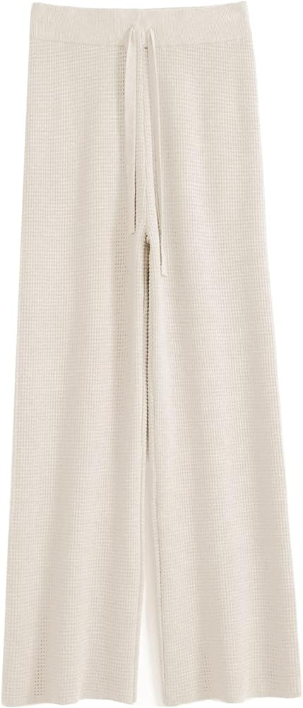 Womens Waffle Knit Lounge Wide Leg Pants High Elastic Waist Flowy Sweater Pants with Drawstring | Amazon (US)