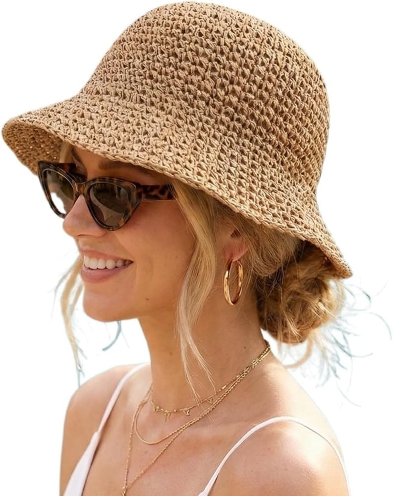 Women Straw Sun Hat Packable Foldable Floppy Wide Brim Beach Bucket Hat UV Protection Travel Vaca... | Amazon (US)