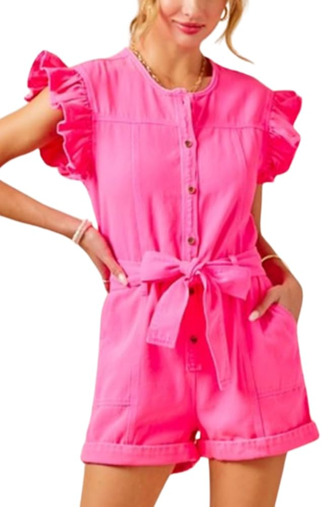 Women's Ruffle Sleeve Button Down Belted Denim Rompers Crew Neck Short Jean Jumpsuits With Pocket... | Amazon (US)