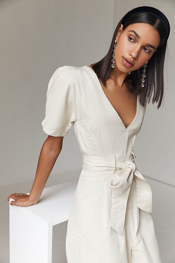 C/meo Collective Essentials Plunging Puff Sleeve Jumpsuit - Beige XS at Urban Outfitters | Urban Outfitters (US and RoW)