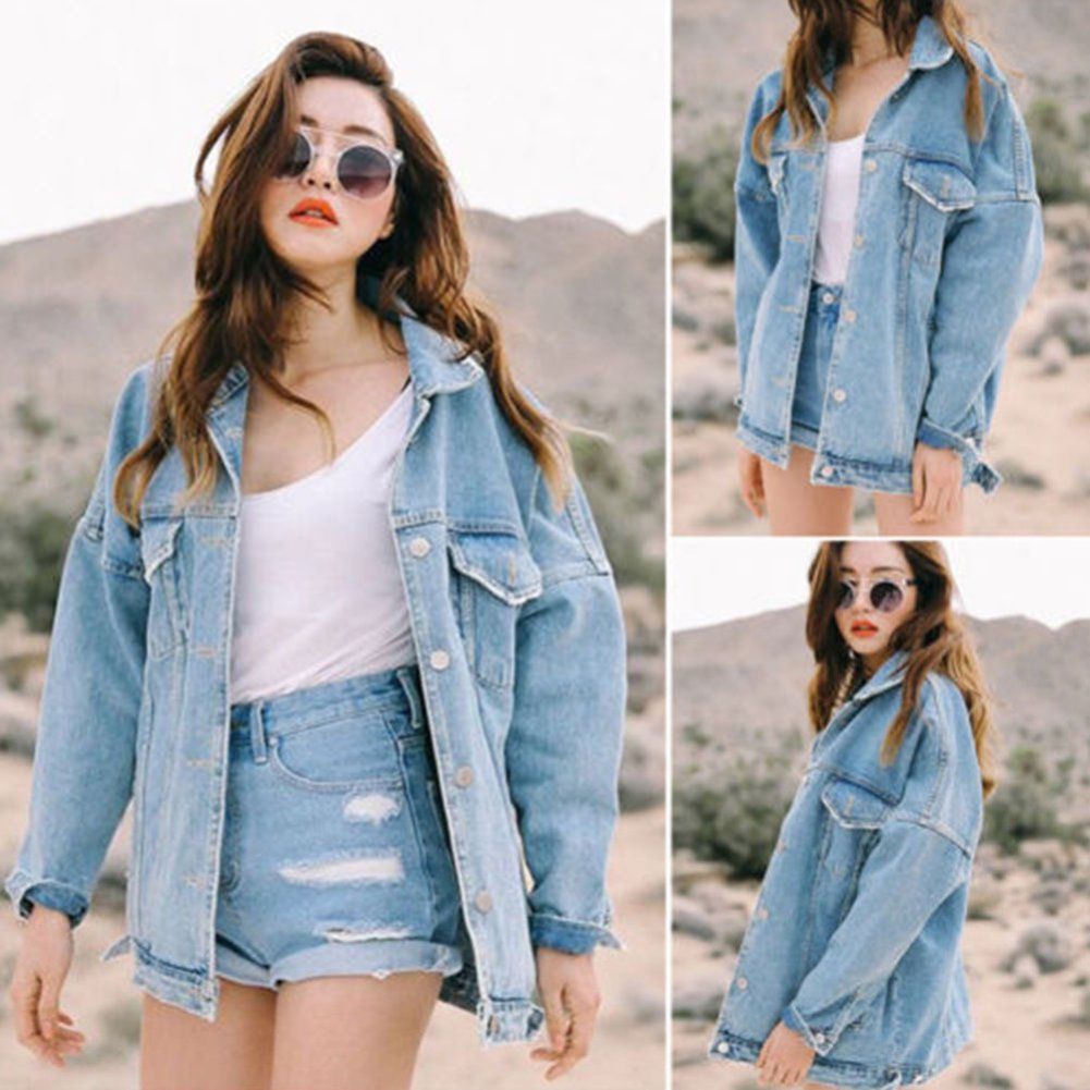 NUZYZ Casual Women\'s Retro Boyfriend Oversized Denim Jacket Loose Jeans Coat Outwear | Walmart (US)