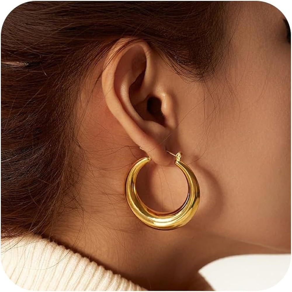 Moodear Gold Hoop Earrings for Women 14K Gold Plated Chunky Hoops Thick Lightweight Hypoallergeni... | Amazon (US)