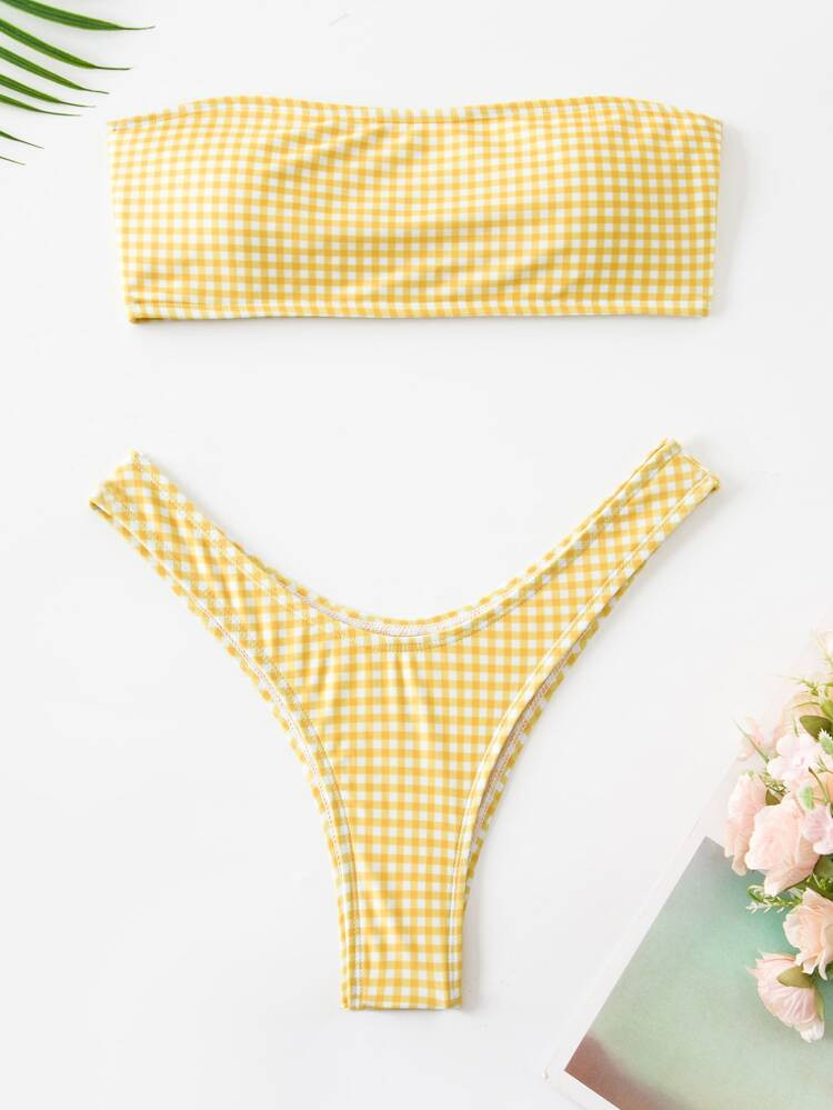 Gingham Bandeau High Cut Bikini Swimsuit | SHEIN