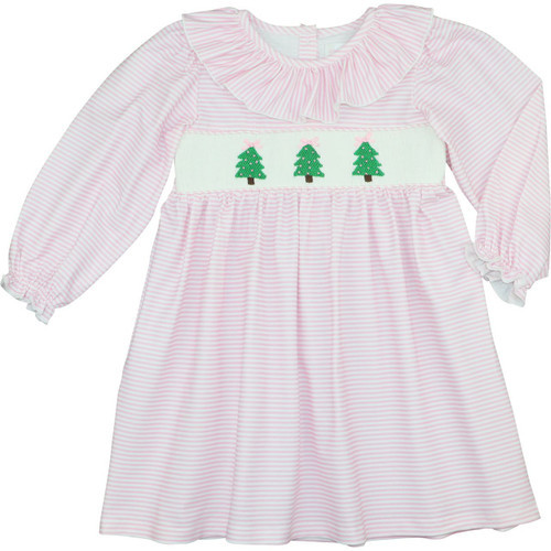 Pink Striped Knit Smocked Christmas Tree Dress | Cecil and Lou