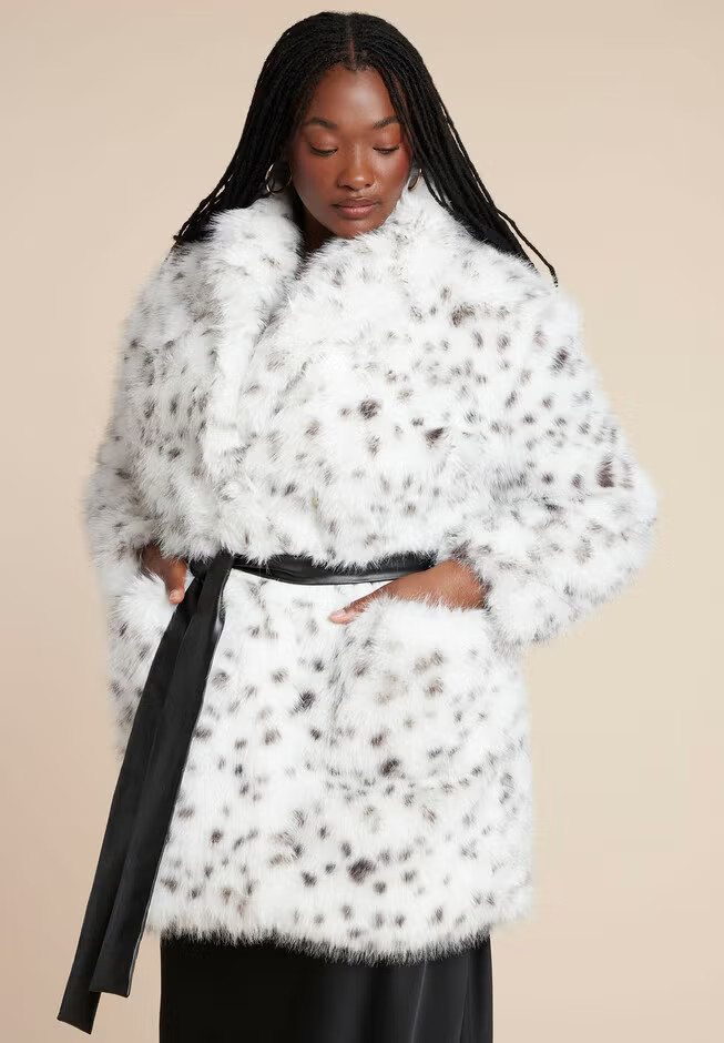 Snow Leopard Belted Coat | Eloquii