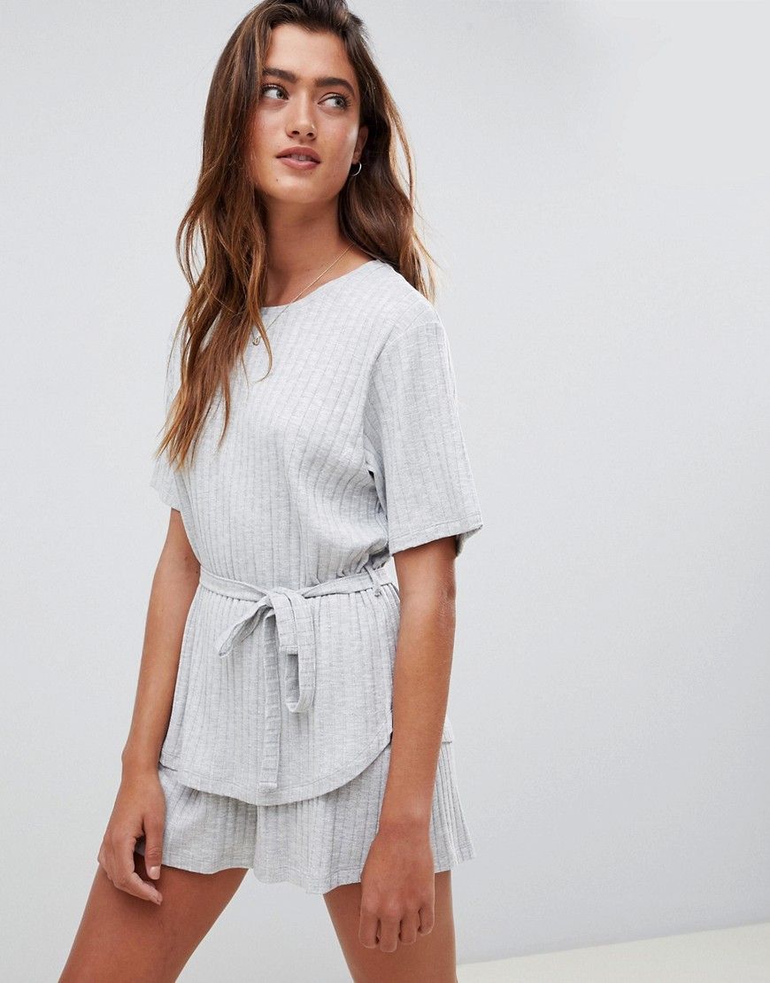 ASOS DESIGN soft touch ribbed pyjama set with tie waist detailing - Gray | ASOS US