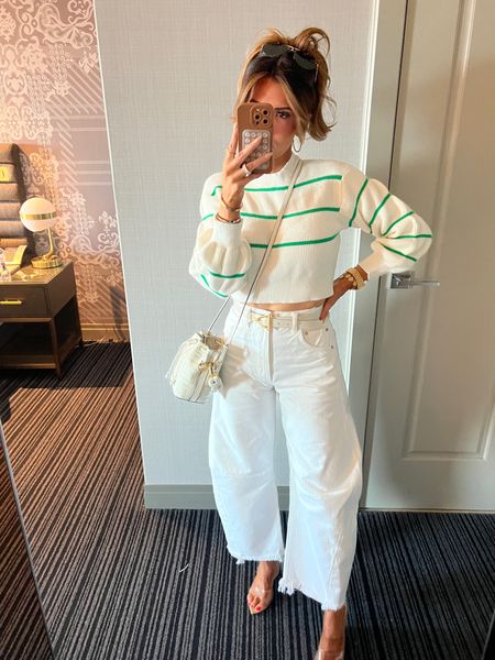 Wearing size small in the top- this brand usually runs small! It fit pretty well. The jeans run HUGE- size down!!! I am in a 24 

White jeans, Summer sweater, Summer outfit, casual outfit ideas, fendi handbag, wide leg jeans, emily Ann Gemma 

#LTKFind #LTKtravel #LTKSeasonal