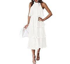 ZESICA Women's 2023 Summer Sleeveless Halter Neck Ruffle Tiered Layed Chiffon Flowy Swing Long Mi... | Amazon (US)
