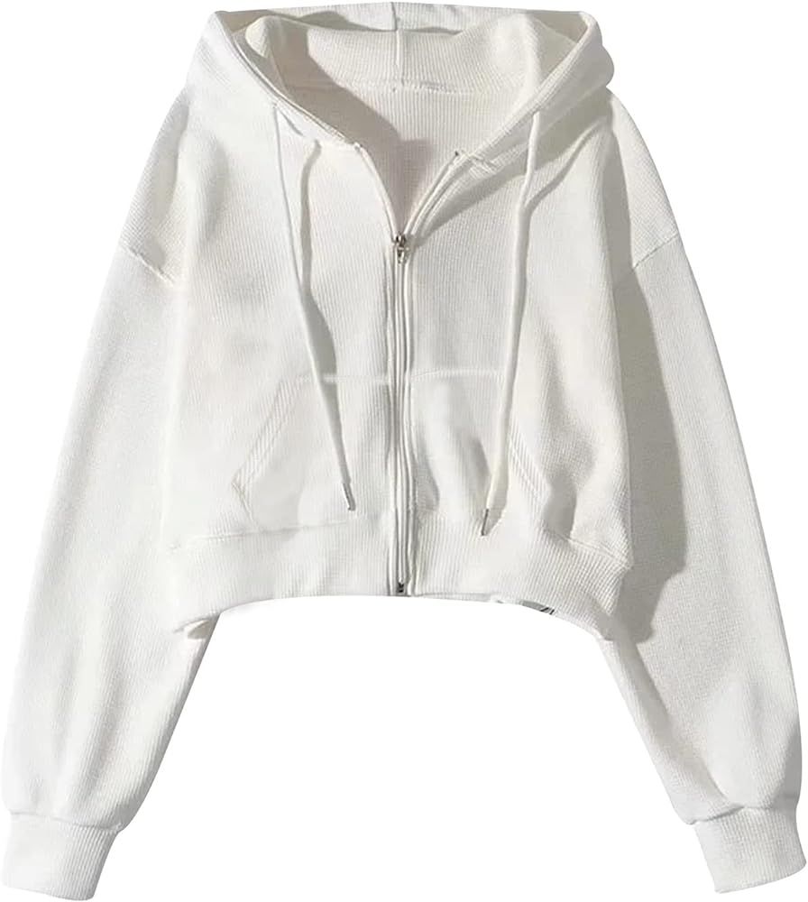 Gihuo Women’ s Waffle Knit Hoodie Long Sleeve Cropped Hooded Sweatshirts Zip Up Fashion Jacket ... | Amazon (US)