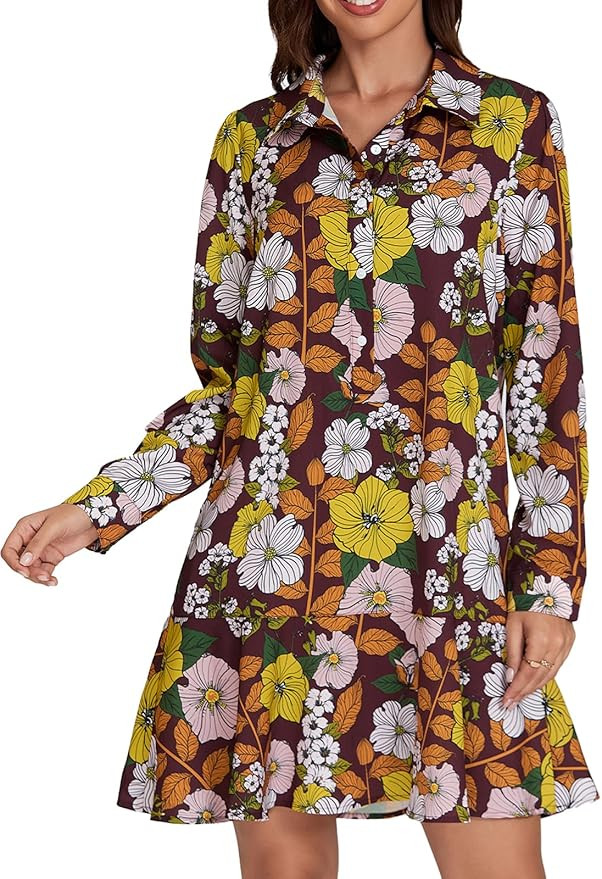 Women‘s Tunic Shirt Mini Dress Long Sleeve Cotton Short Dress Button Up Ruffle Hem Shift Dresse... | Amazon (US)