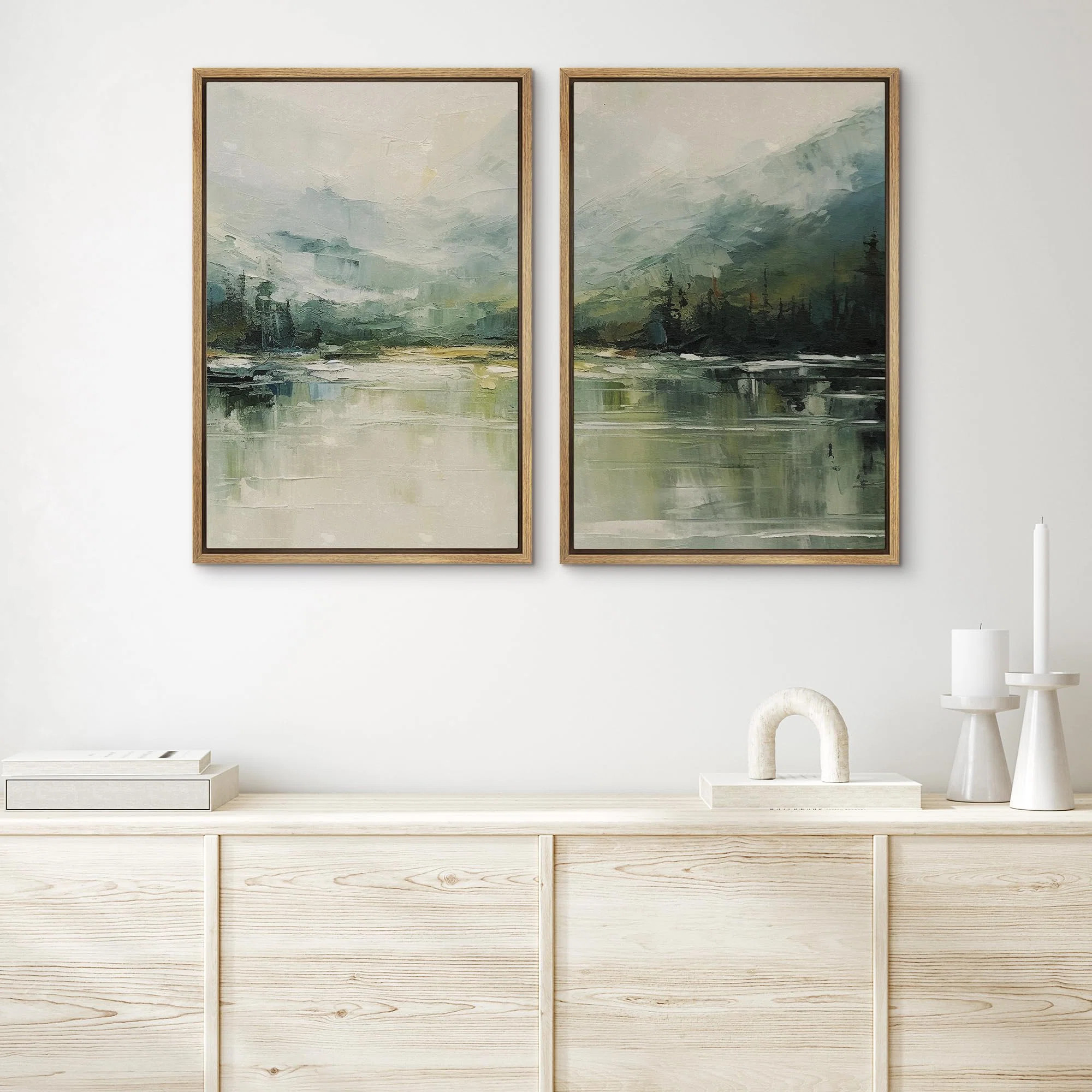 wall26 Abstract Green Mountain Range Forest Nature Landscape - Framed Canvas Bedroom Wall Art 2 P... | Wayfair North America
