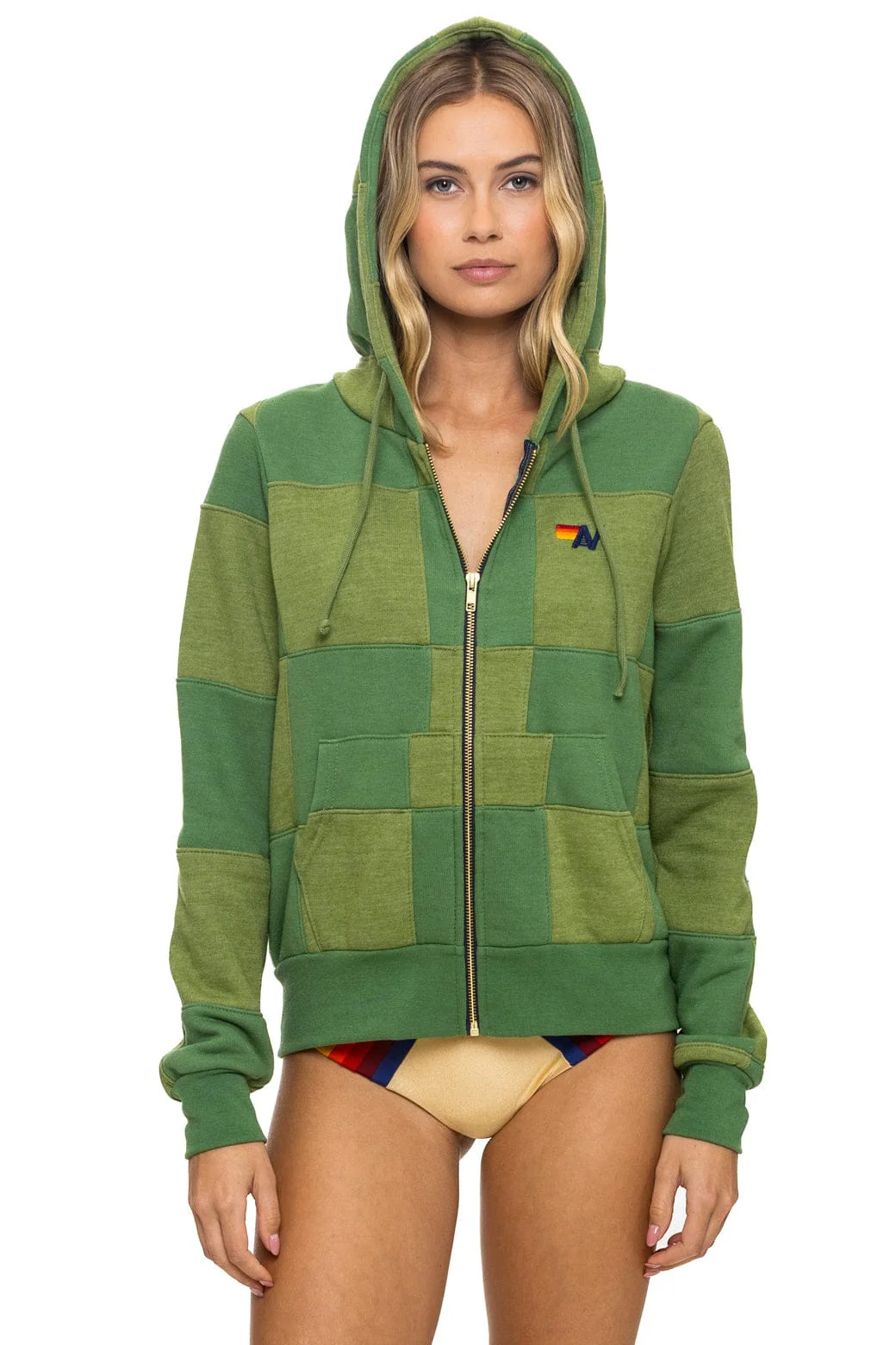 CHECK QUILT ZIP HOODIE - JUNGLE GREEN // PALM | Aviator Nation