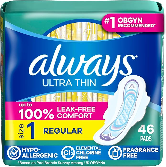 Always Ultra Thin Feminine Pads with Wings for Women, Size 1, Regular Absorbency, Unscented, Up t... | Amazon (US)