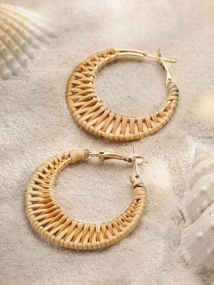 Boho Handwoven Rattan Hoop Earrings, Bohemian Summer Beach Statement Jewelry Gift for Women (2) | Amazon (US)