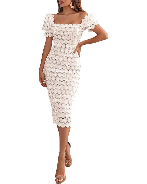 Cololura Elegant Sexy Floral Lace Short Sleeve Off Shoulder Evening Gown Party Formal Bodycon Mid... | Amazon (US)