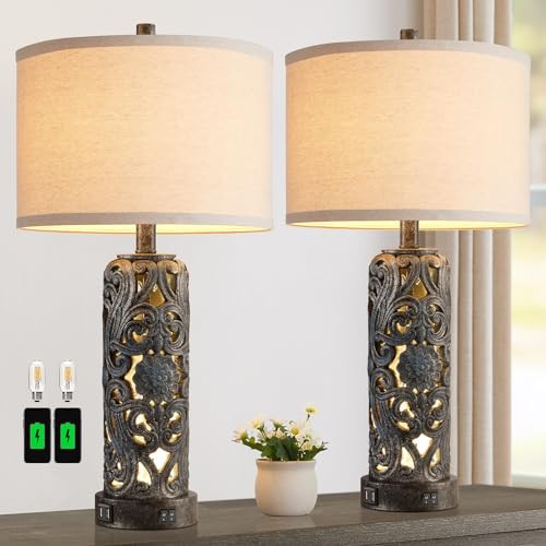 RORIANO 25'' Set of 2 Rustic Table Lamp for Bedroom Living Room with 2 USB Ports, Farmhouse Vintage Resin Nightstand Lamp with Nightlight, Antique Retro Desk Lamp for Entryway, 2 Bulbs Included | Amazon (US)