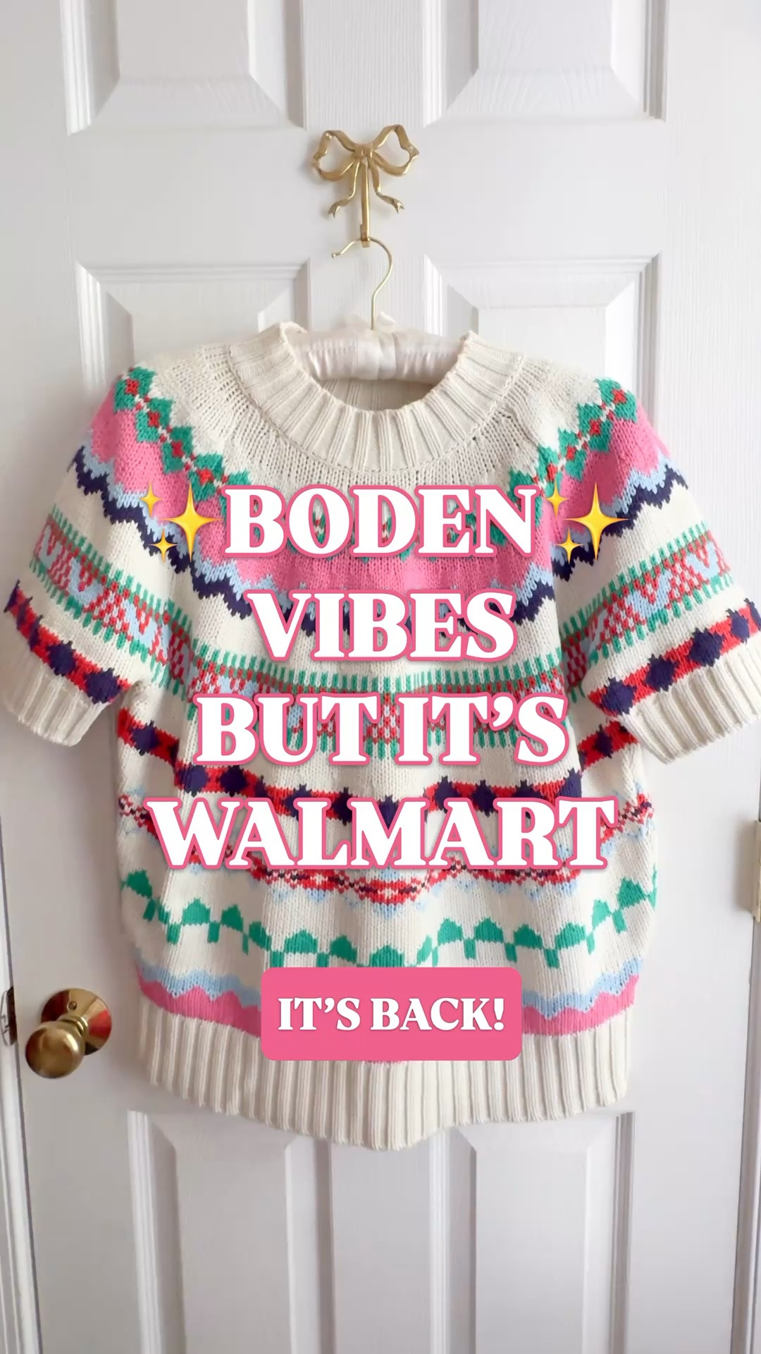 The Boden Fair Isle look for under $30 on Walmart, and it’s BACK. This Free Assembly sweater went live, mysteriously disappeared from the website, and now we can finally shop it again.

The number of messages I’ve gotten asking about this one tells me this one is going to be popular, so if you’ve had your eye on it, I would grab it now that it’s available again.

The bright colors, traditional Fair Isle pattern and chunky ribbed trim remind me so much of Boden’s triple digit sweaters. Such a good way to get that colorful, classic preppy look at a Walmart price.

It’s 60% cotton and 40% acrylic, with a substantial knit that falls between a medium and heavy weight. The short sleeves work on their own or layered over a crisp button down for fall and winter outfits.

Sizing note: I sized up to a large and like the roomy fit, but it’s more generous than I expected. Stick with your true size for a slightly oversized fit.

Wear it with dark denim and ballet flats for weekends, ponte pants for teacher outfits and business casual work outfits, or a corduroy skirt and boots for holiday lunches. Pretty for Christmas plans, with plenty of wear left through winter.

I’ve linked it below for everyone who’s been waiting for it to come back.

Boden Fair Isle look for less, Boden inspired sweater, Walmart Fair Isle sweater, Free Assembly winter collection, Free Assembly sweater, colorful Fair Isle sweater women, short sleeve sweater, cotton blend sweater, chunky knit sweater, preppy fall outfits, preppy winter style, colorful winter outfits, dopamine dressing, fall sweaters women, winter sweaters women, holiday sweaters, Christmas outfits women, teacher outfits winter, business casual outfits, fall work outfits, Walmart new arrivals, Walmart fashion finds

@Walmart #LTKSeasonal #LTKWorkwear #Boden #LookForLess #FairIsleSweater #PreppyStyle #WalmartFinds #WalmartStyle