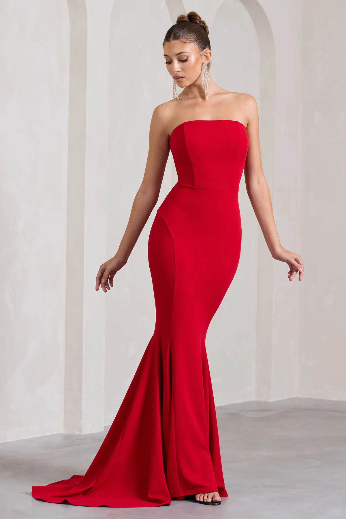 Impress Me | Red Strapless Bandeau Fishtail Maxi Dress | Club L London