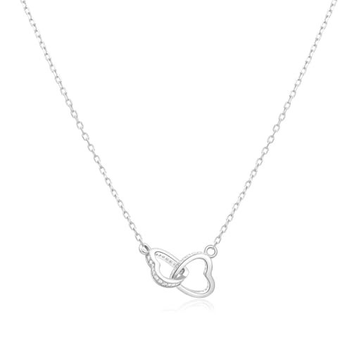 Heart Necklaces for Women Sterling Silver Two Interlocking Heart Necklace Cubic Zirconia Love Open Heart Pendant Dainty Double Heart Choker Crystal Jewelry Silver | Amazon (US)