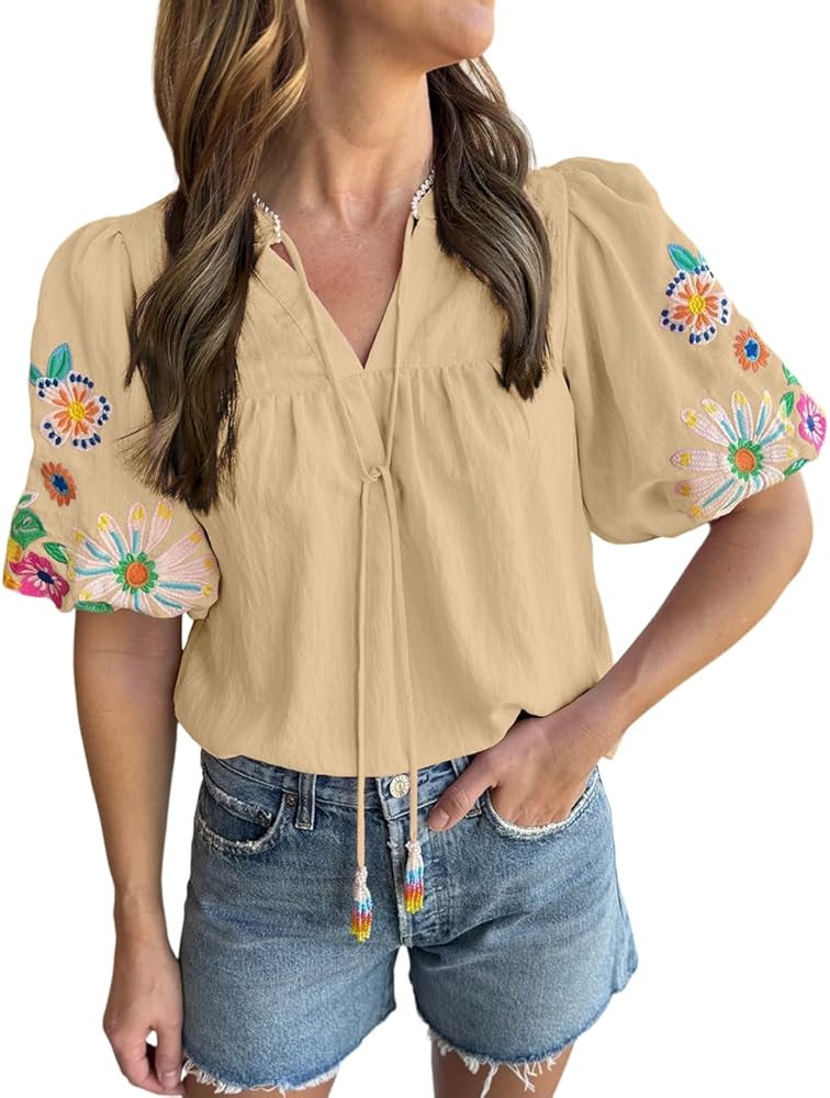 Ecosunny Women's Boho Embroidered Tops V Neck Floral Short Puff Sleeve Casual Shirts Loose Tunic ... | Amazon (US)
