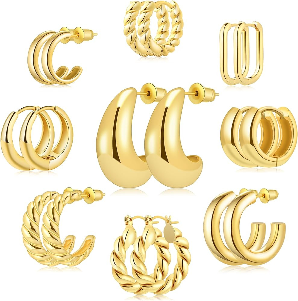 9 Pairs Gold/Sterling Silver/Rose Gold Plated Hoop Earrings Set for Women Trendy Chunky Gold Hoop... | Amazon (US)