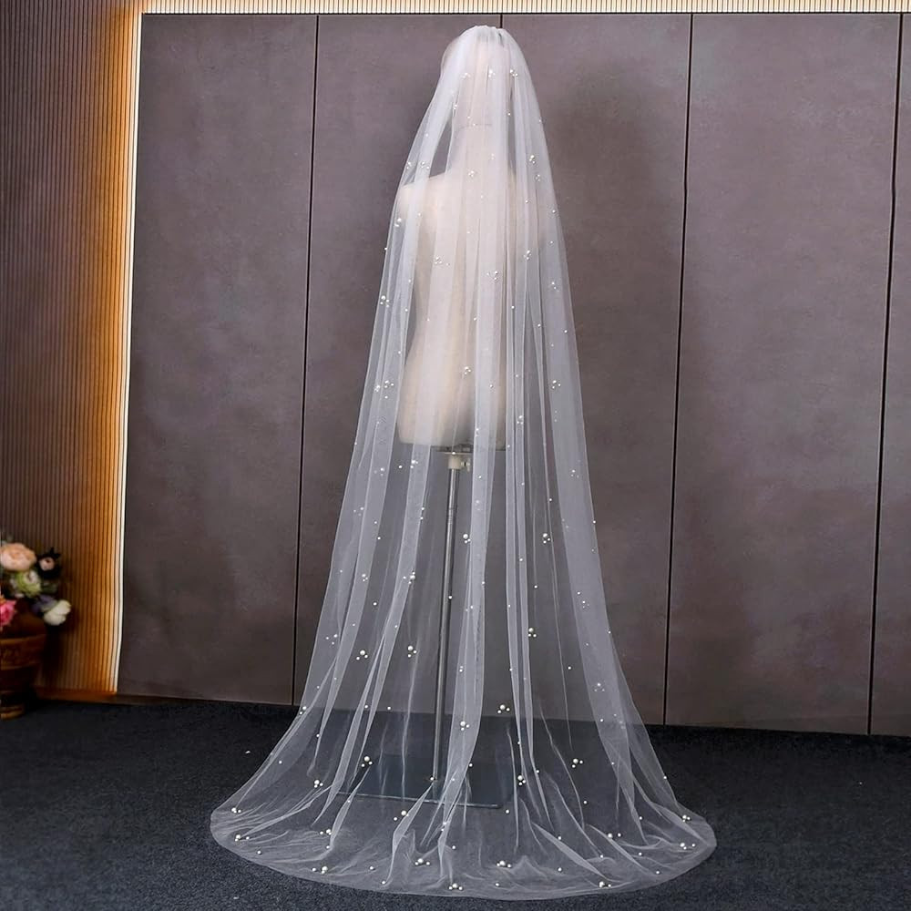 Women Pearl Wedding Veil, Simple Chapel Bridal Veil for Wedding Party 2M Long | Amazon (US)