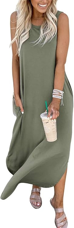 ANRABESS Women Casual Loose Sundress Sleeveless Split Maxi Long Beach Shirt Dress Travel Vacation... | Amazon (US)