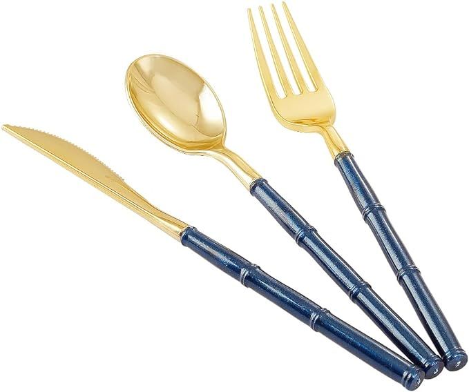 Supernal 180 Pieces Gold Plastic Silverware,Gold Plastic Cutlery with Blue Glitter Bamboo Handle,... | Amazon (US)