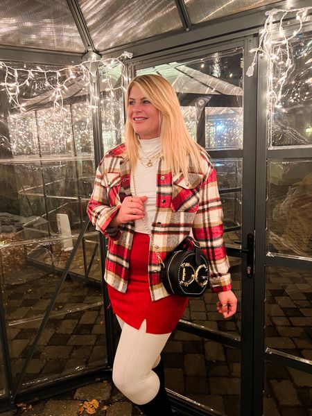 Christmas date night outfit inspo. This Christmas Shacket is amazing! & they have a matching skirt to go with it also!! (but it’s not stretchy) I love this one more because it’s stretchy & it has pockets!!! 
My Steve Madden zip up lug sole tall boots are ON SALE!! Their a lil tight on my calf but it doesn’t bother me. I would say if you need wide calf boots, these might not work for you. 

#LTKHoliday #LTKstyletip #LTKunder50