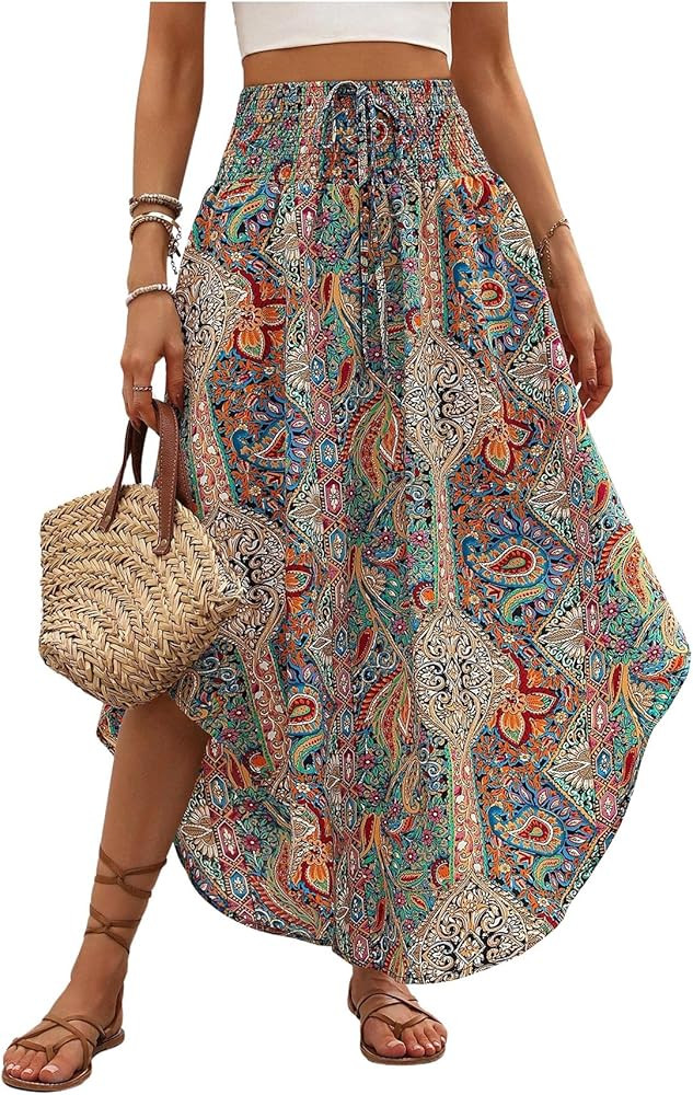 MakeMeChic Women's Boho Skirt Summer Beach Floral Flowy Long Midi Skirt | Amazon (US)