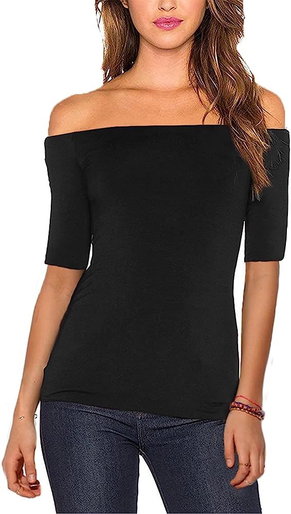 Sarin Mathews Women's Sexy Off The Shoulder Tops Long Sleeve Slim Fit Stretchy Shirts Blouses Top | Amazon (US)