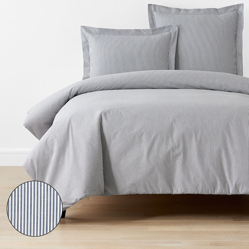 Classic Stripes and Plaids Cool Yarn-Dyed Cotton Percale Duvet Cover - Stripe White/Blue, Full | The Company Store