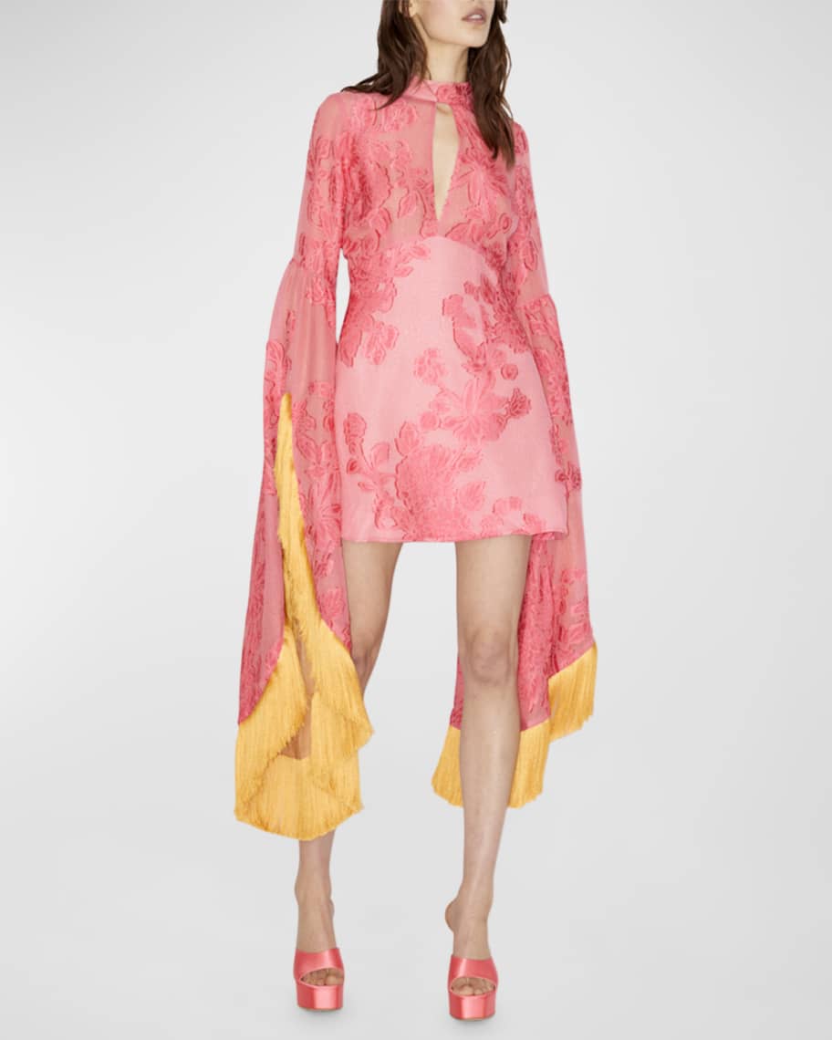 Leonard Bell-Sleeve Jacquard Fringe Mini Dress | Neiman Marcus