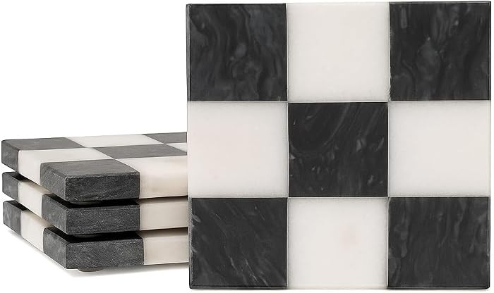 Checkered Marble Coasters – Set of 4 Aesthetic Black and White Stone Drink Coasters for Table, ... | Amazon (US)