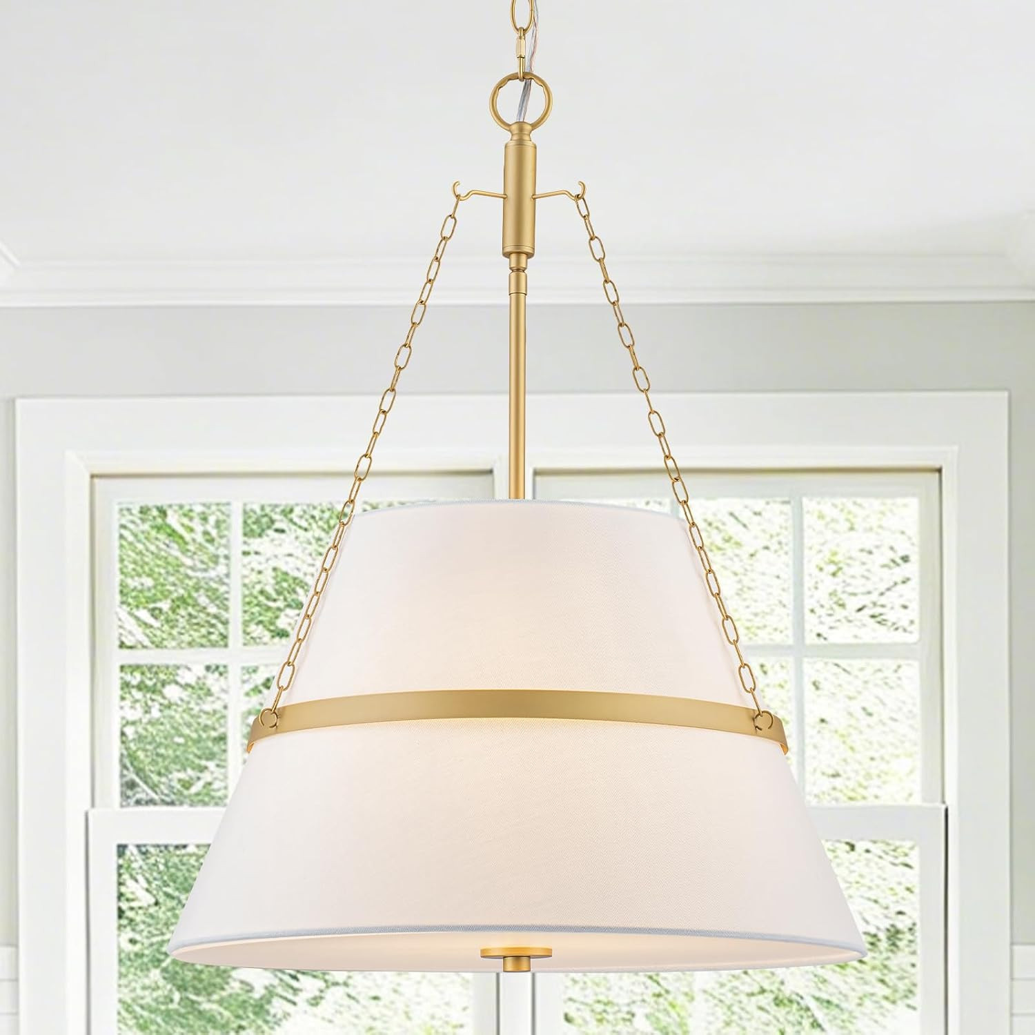 20" Gold Drum Chandelier for Dining Room, White Linen Shade Pendant Light | Amazon (US)