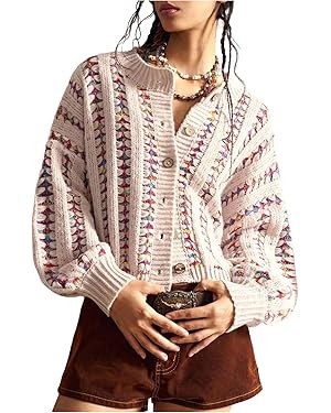 Milumia Women's Boho Striped Knit Cropped Cardigan Long Sleeve Button Up Sweater Jackets | Amazon (US)
