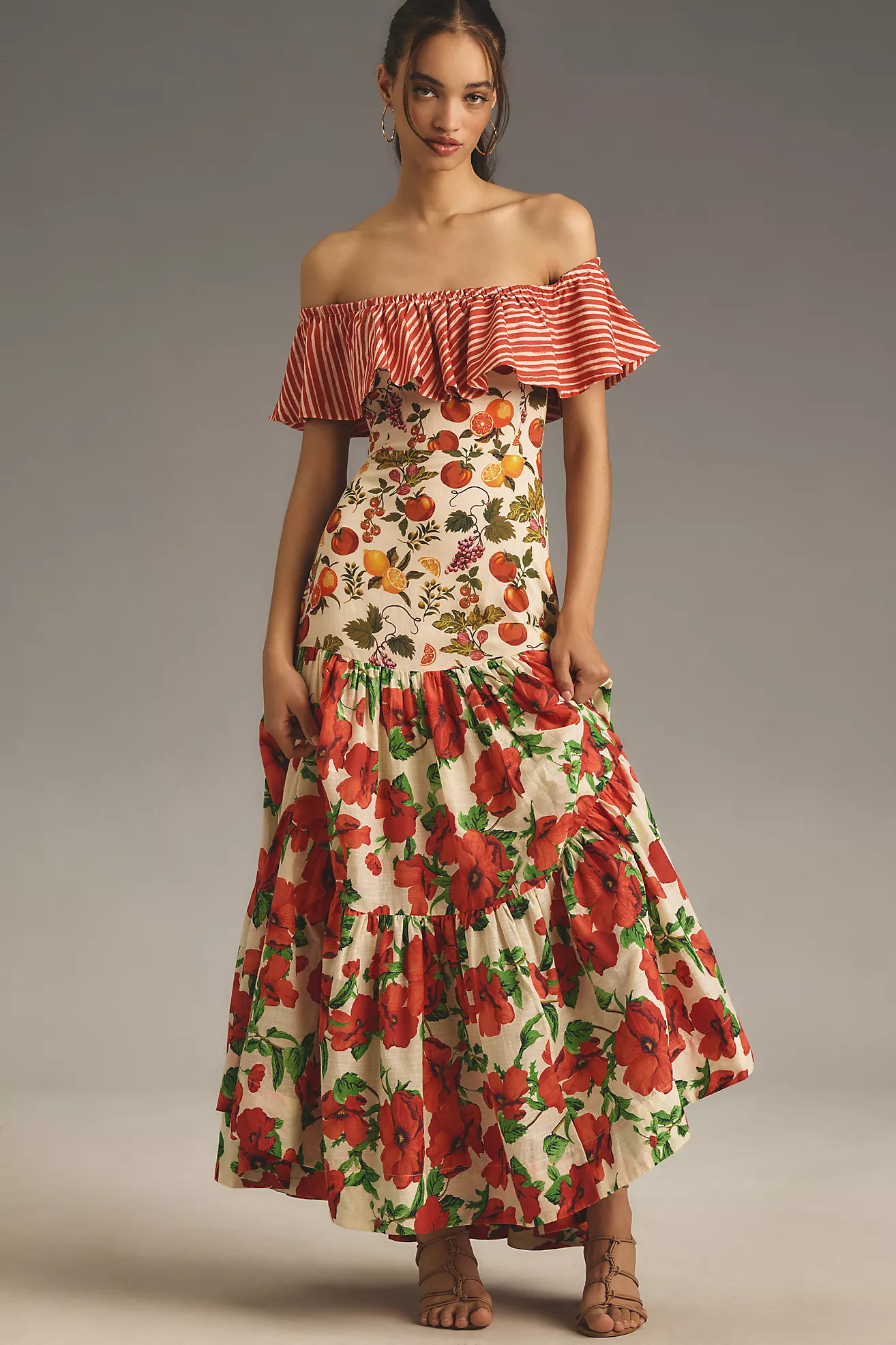 Maeve Off-the-Shoulder Mixed-Print Midi Dress | Anthropologie (US)