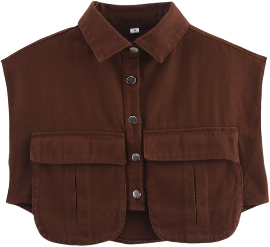 Perbai Womens Cropped Button Down Shirt Summer Collared Sleeveless Loose Denim Top with Pockets | Amazon (US)